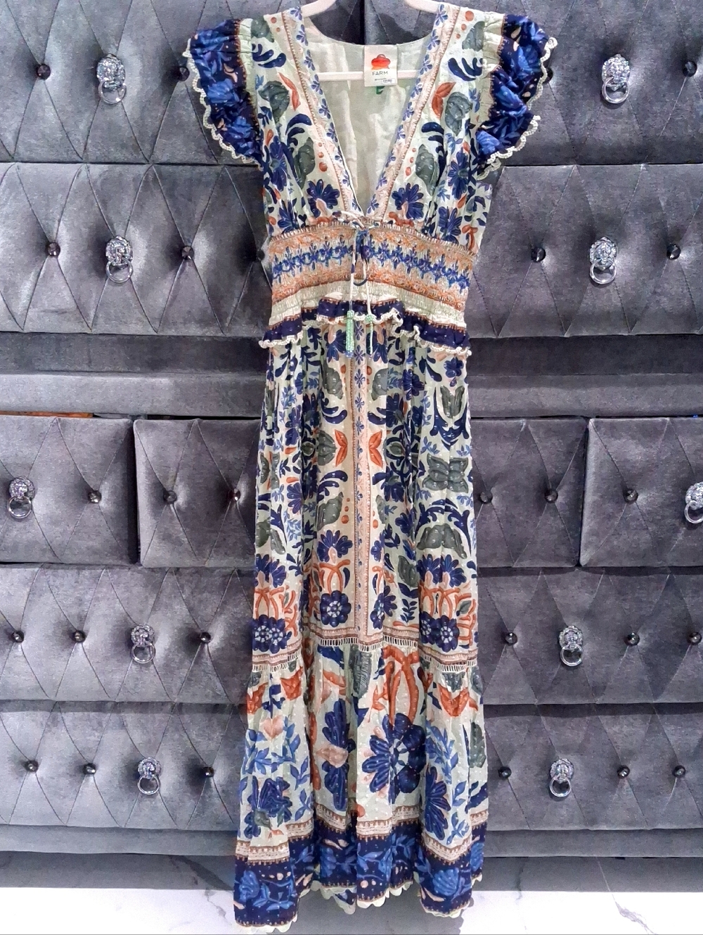 Farm Rio Ocean Tapestry cotton maxi dress XS Floral Bohemian Embroidered Ruffles - Picture 7 of 17
